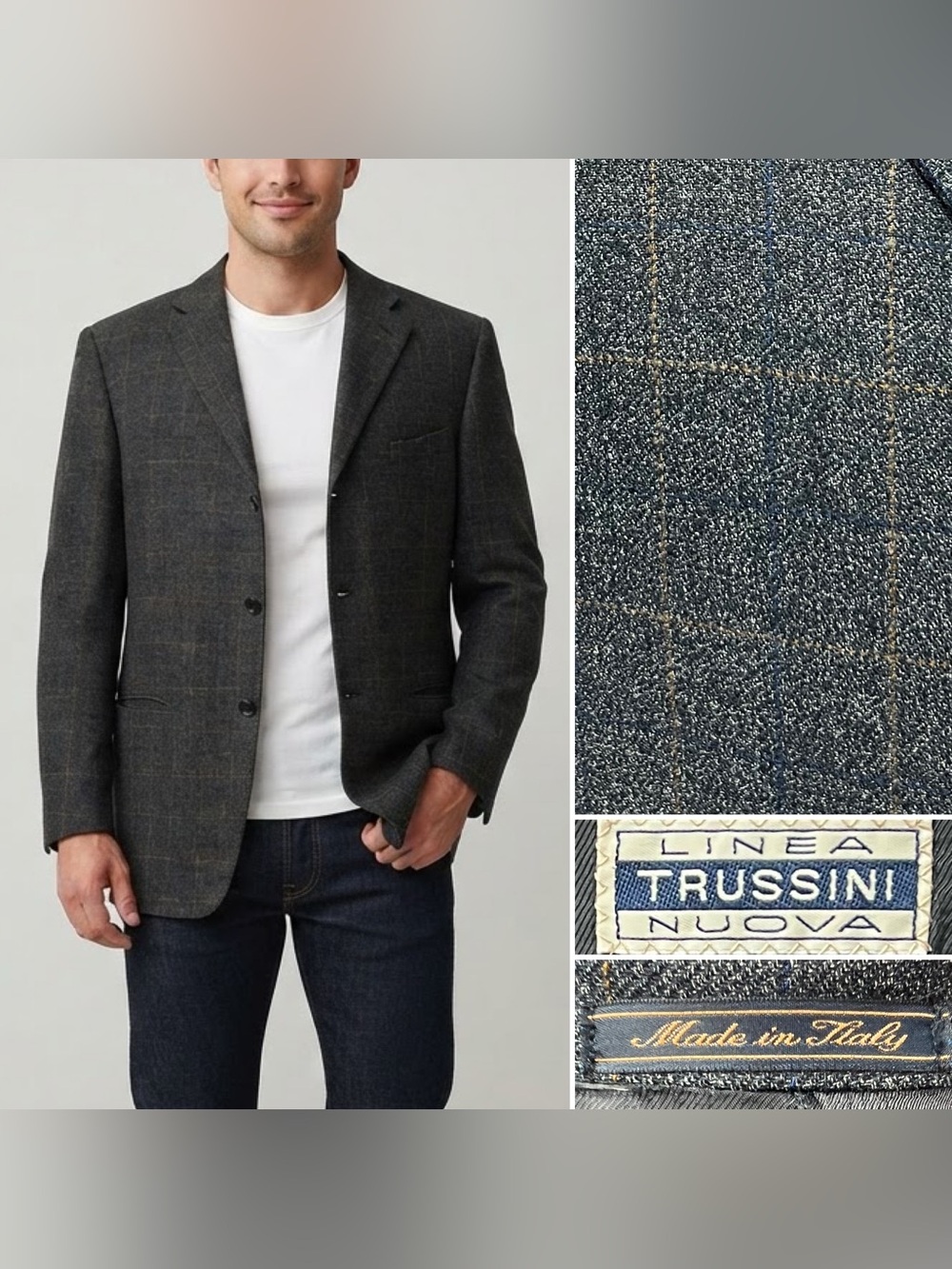Trussini Men's 46L Charcoal Gray Windowpane Plaid Wool Blazer Jacket